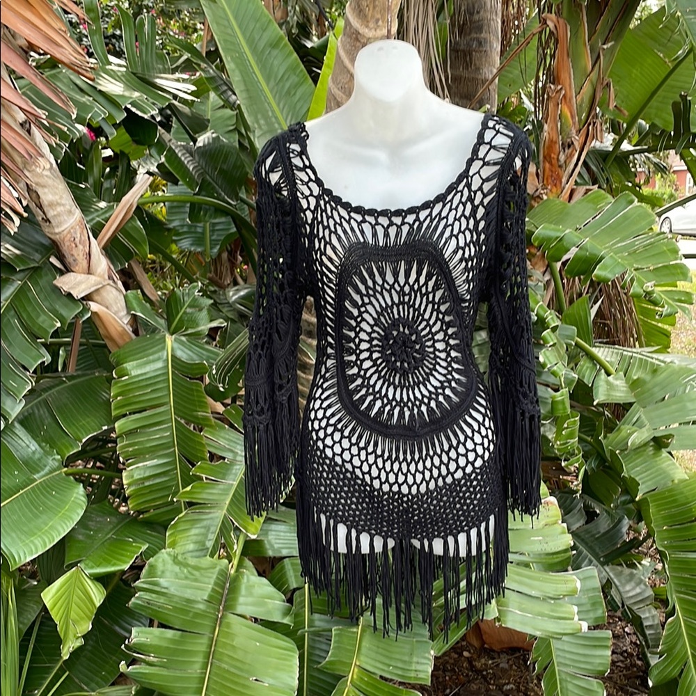 Crochet rosette festival, top or swimsuit cover-up with fringe